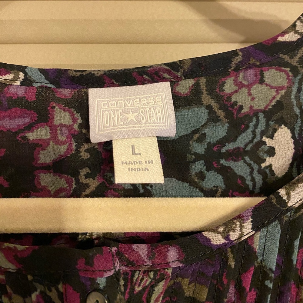 Converse One Star Boho Floral Pintuck Sheer Blouse Top Size Large - Picture 3 of 5